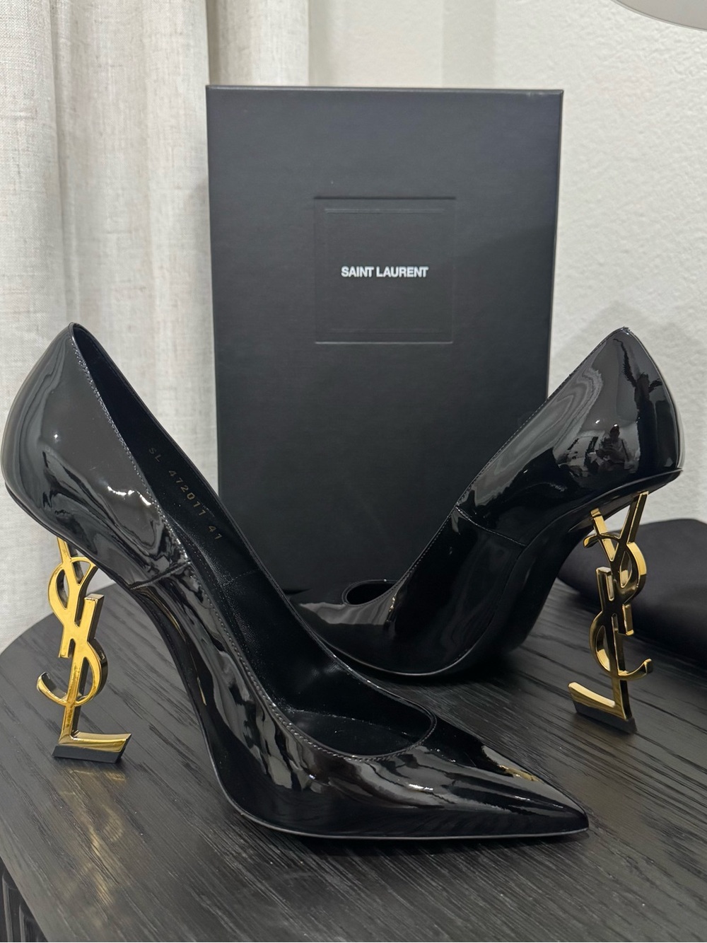 Saint Laurent YSL Opyum 110 Logo Heel Pump Patent Black/Gold 36.5